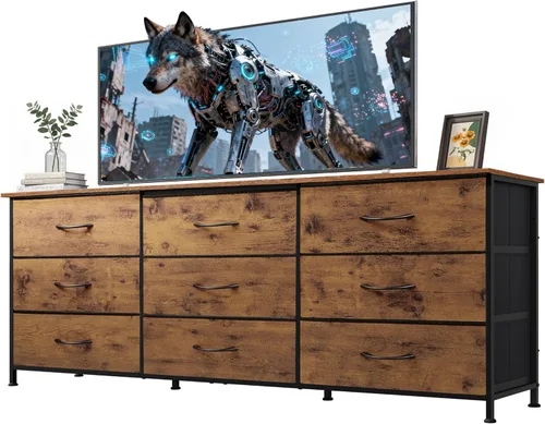 Vista 37 de Soporte de TV blanco para TV de 60, 65, 70 pulgadas, centro de entretenimiento con 8 cajones, mesa consola multimedia con parte superior de madera