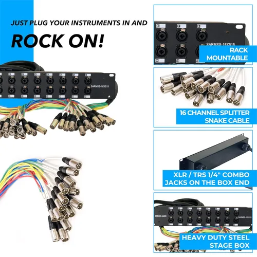 Vista 5 de Seismic Audio SARMSS-16x515 - Cable divisor de serpiente de 16 canales XLR TRS combinado para montaje en rack - Troncos XLR de 1.5 y 4.6 metros