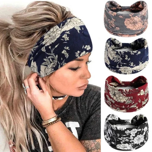 Vista 19 de FULZTEY Diademas Boho para mujer, diademas elásticas vintage con estampado de tela, banda de pelo anudada ancha, bandas de pelo suaves de algodón