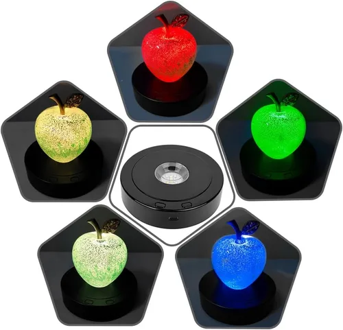Vista 3 de Base LED giratoria: pantalla de rotación positiva y negativa con 7 luces, base de luz LED de grano de madera para arte de cristal de cristal, bonita