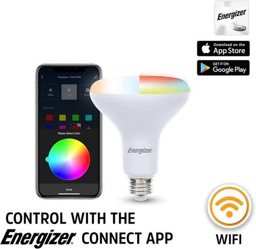 Vista 8 de Paquete de 4 bombillas LED inteligentes Energizer multicolor y multicolor, BR30, Google Assistant, Yaxa Alexa, Siri, Connect App, 16,000,000
