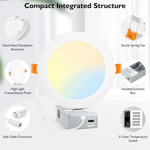 Vista 5 de BesLowe paquete de 4 unidades de luces LED empotrables para techo de 6 pulgadas, 5 CCT, ultradelgadas, con caja de conexiones, 12 W, equivalentes a