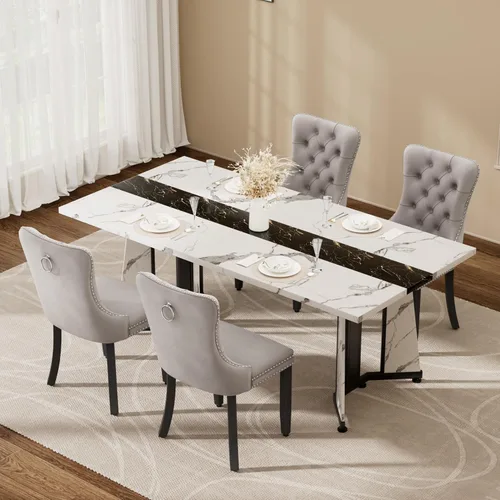 Vista 24 de Juego de mesa de comedor de 5 piezas con 4 sillas, mesa de comedor rectangular de madera de 71 pulgadas con sillas de comedor de terciopelo, tablero