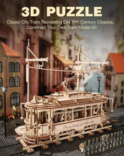 Vista 2 de RoWood Rompecabezas 3D para adultos, kit de modelo de automóvil, rompecabezas de madera 3D, modelo de tranvía mecánico, kit de construcción