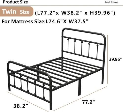 Vista 2 de Base de cama Vengarus de metal, base de cama de tamaño individual con cabecero, estructuralmente estable, listones de acero resistentes