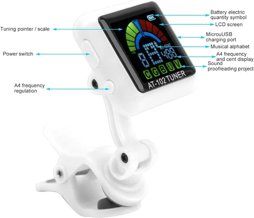 Vista 2 de Afinador de clip recargable USB para guitarra eléctrica, violín, ukelele con pantalla a color (AT-102 blanco)