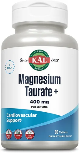 KAL Taurato de magnesio 400 mg más coenzima vitamina B6, suplemento de magnesio quelado, función muscular saludable, apoyo para la salud nerviosa y