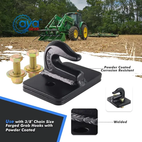 Vista 2 de Paquete de 2 ganchos de agarre de 3/8 de pulgada con placa trasera, gancho de agarre de acero forjado de grado 70, funciona bien para cargador, cubo