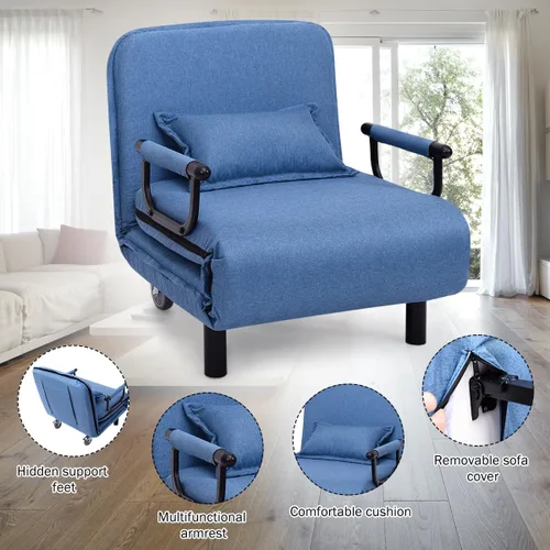 Vista 7 de GORELAX Cama convertible con sofá cama triple 3 en 1 con almohada, diván plegable de ocio con respaldo ajustable de 5 ángulos, cama perezosa Azul