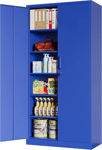 Armario de almacenamiento de metal con cerradura, gabinetes de garaje negros de 71 pulgadas con 2 puertas y 4 estantes ajustables, cabina alta de