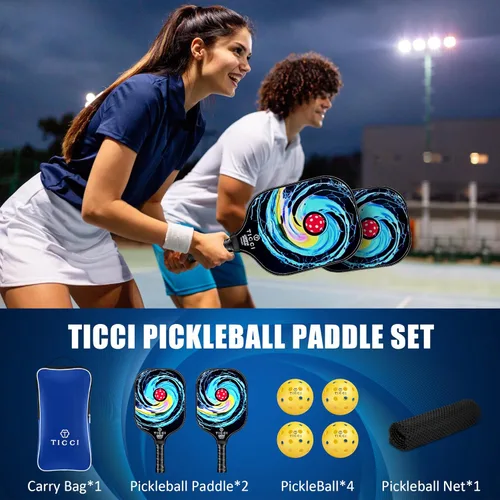 Vista 5 de TICCI - Pala de pickleball aprobada por USAPA, juego de 2 palas de grafito prémium con 4 bolas de pickleball, 1 bolsa de malla y 1 bolsa