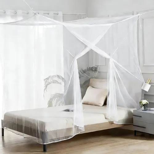 Vista 10 de Comtelek Dosel de Cama de 8 Esquinas con 100 Luces LED de Cadena de Estrellas Operadas por Batería, Red de Cama Estilo Único de 4 Puertas Cortinas