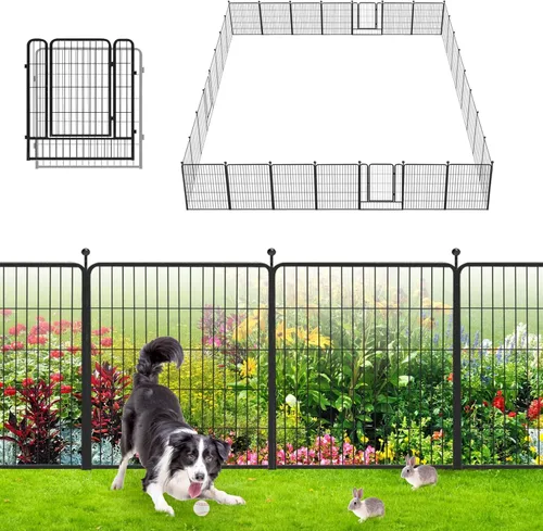Vista 17 de Valla de Jardín con Puerta Cercado de Metal para Patio, 32 pulgadas x 23 pies 10 Paneles de Valla Sin Excavación Paneles de Valla Temporal