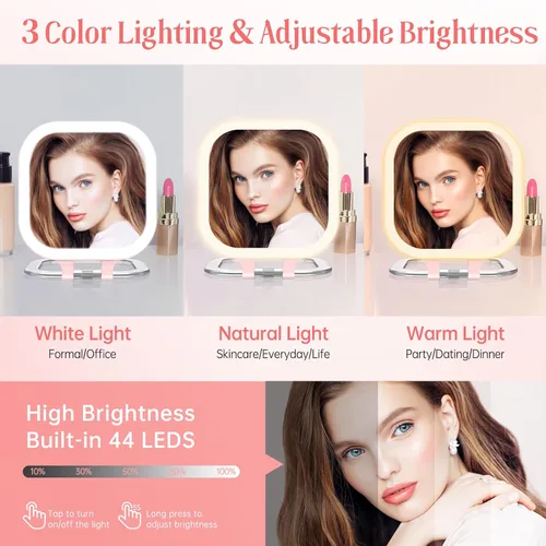 Vista 3 de FASCINATE Espejo compacto de maquillaje de viaje con luces y aumento, espejo de aumento portátil de 3.5 pulgadas 1X/30X con luz de 3