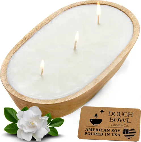 Vista 23 de Dough Bowl Candle Co. Vela de Soja Beach Linen - 3 Mechas Decoración Rústica de Granja Eliminador de Olores en Cuencos de Madera, Vela de Cuenco