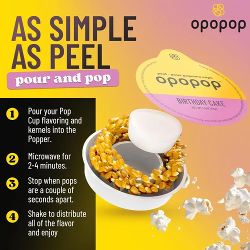Vista 3 de OPOPOP Palomitas de microondas - Paquete de 6 tazas de palomitas de cumpleaños estilo pastel de cumpleaños, granos de palomitas de maíz gourmet sin