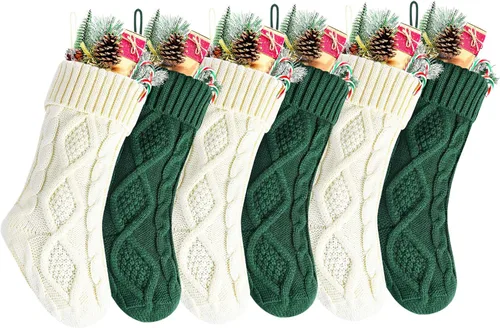 Vista 8 de Paquete de 6, 14" Medias de Navidad de Punto Únicas Color Borgoña y Blanco Marfil Estilo2