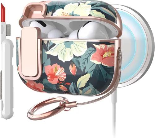 Vista 14 de TATOFY Funda rígida para AirPods 1 y 2, elegante y bonitos patrones de flores, funda protectora rígida con llavero de clip
