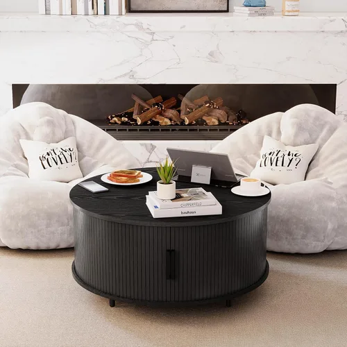 Vista 7 de COSIEST Mesa auxiliar redonda con almacenamiento, mesa de centro negra moderna de 31.5 pulgadas con puerta corredera de 360°, mesa central de madera