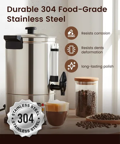 Vista 2 de Cafetera comercial de 40 tazas de café grande con percolador, cafetera eléctrica de acero inoxidable de 6 L, dispensador de agua caliente