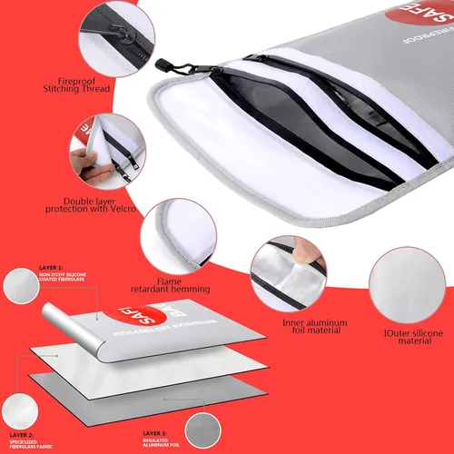 Vista 4 de Bolsas de documentos ignífugas, bolsa de dinero impermeable e ignífuga, bolsa de almacenamiento segura ignífuga con doble cremallera de doble capa