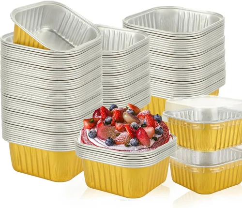 Paquete de 100 mini moldes cuadrados para tartas con tapas, de papel de aluminio dorado de 5 onzas, recipientes individuales de postre para