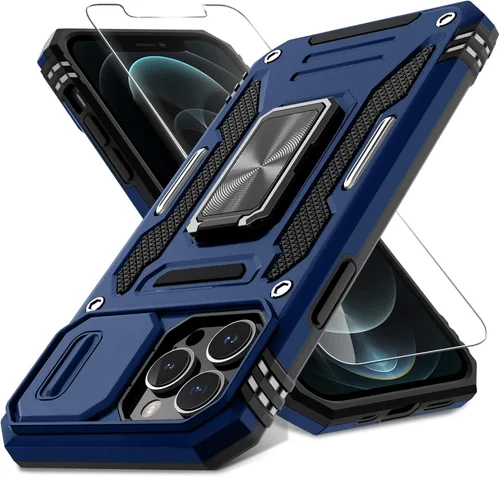 Vista 11 de DEERLAMN Funda para iPhone 13 Pro Max con cubierta deslizante para cámara + protector de pantalla (1 unidad), anillo giratorio con soporte de grado