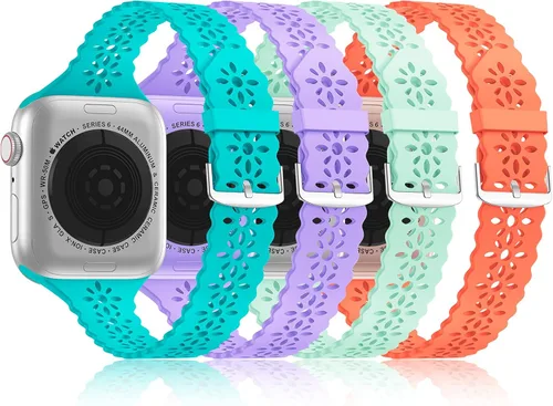 Vista 14 de Bandiction - Paquete de 4 correas de silicona de encaje compatibles con Apple Watch de 38mm 40mm 41mm 42mm 44mm 45mm 46mm 49mm, correa delgada