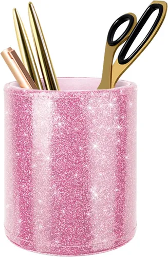 Soporte para bolígrafo con purpurina para escritorio, lindo vaso rosa para mujeres y niñas, soporte de lujo para brochas de maquillaje, gran piel