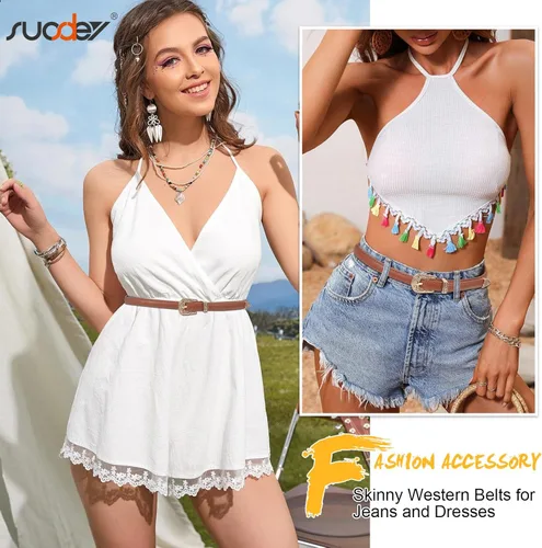 Vista 3 de SUOSDEY Cinturones ajustados occidentales de moda para mujer, cinturón de cuero ajustable para vestidos con hebilla vintage