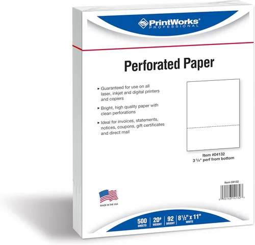 Vista 3 de PrintWorks Papel perforado horizontal profesional de 3 5/8 pulgadas, 8.5" x 11" - Perfecto para W-2, 1099 y uso de declaraciones - Hecho