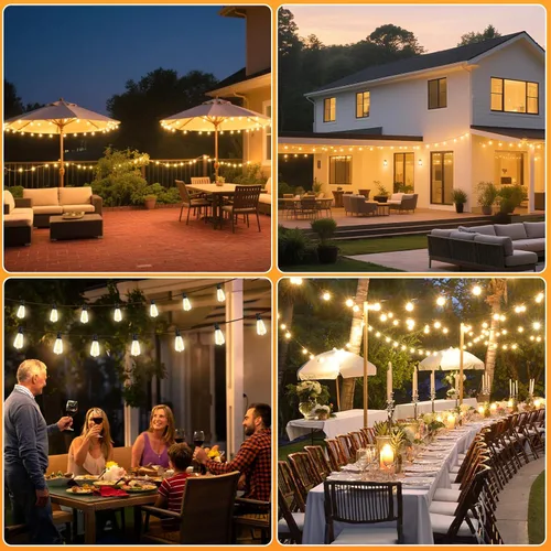 Vista 7 de 100 pies de luces de cadena solar para exteriores con control remoto, luces LED recargables por USB para patio con 52 bombillas ST38 Edison