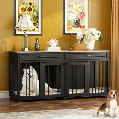 Vista 6 de Muebles para Perrera, 64.6 Pulgadas de Madera Resistente Jaula para Perros Grande Estilo Mueble con Cajones y Divisor, Casa para Perros