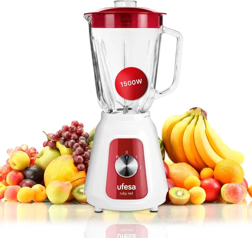 Ufesa BS4717 RUBY RED 500W 1.5L Blender with Airtight Lid, 2 Speeds + Pulse, 4 Stainless Steel Blades, Ruby Red