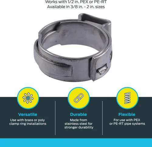 Vista 3 de SharkBite Anillo de abrazadera de 1/2 pulgada, accesorios de fontanería de acero inoxidable, tubo PEX, PE-RT, UC953A