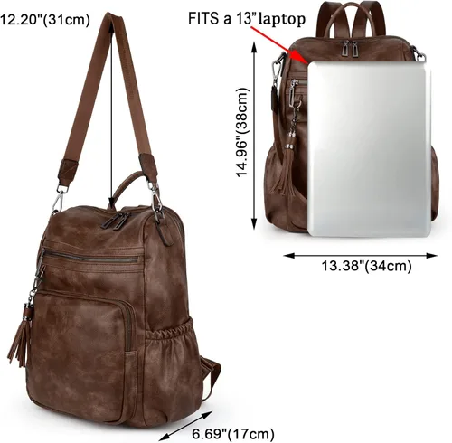 Vista 9 de UTO Mochila de cuero vegano para mujer, diseño de moda, convertible con borla, para viajes, con borla