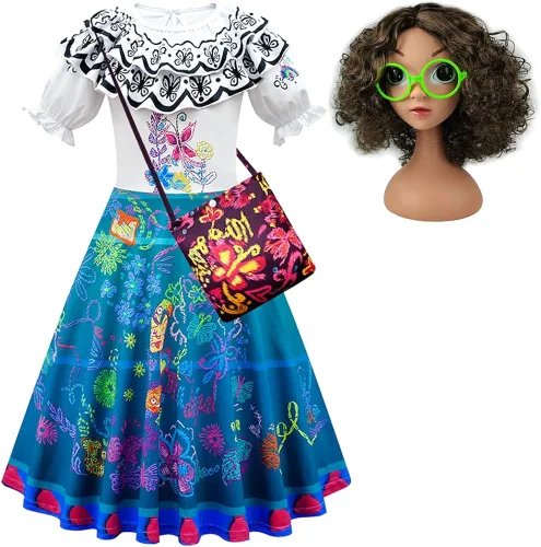 TPMG Mirabel Encanto - Vestido para niñas de 3 a 14 años suministros de disfraz de Halloween peluca de gafas bolsa de cumpleaños ropa de vestir para
