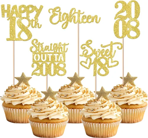 Vista 31 de 30 piezas de decoraciones para pastel de cumpleaños número 10, decoraciones de cupcakes negras con brillo, 10 feliz cumple, directo desde 2016, 10