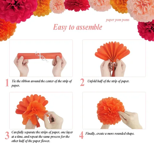 Vista 6 de Envibe Orange Party Decorations - Tissue Paper Pom Poms for Bridal, Baby, Wedding Showers & Birthday Parties - 34 Pcs Fall Wedding Decor