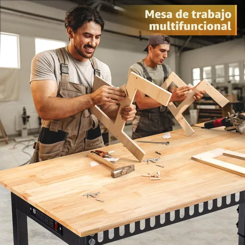 Vista 6 de Banco de trabajo de altura ajustable de 48", capacidad de carga de 2000 LBS, estación de trabajo con superficie de madera de caucho con toma