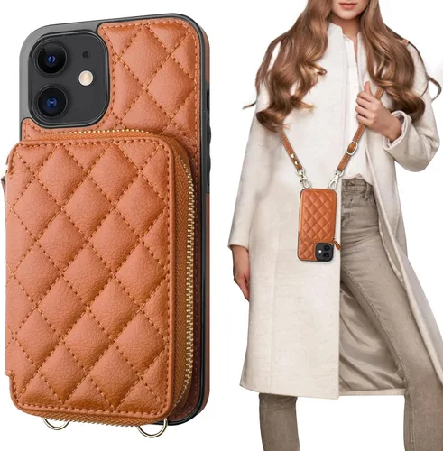 Vista 16 de Bocasal Funda tipo cartera cruzada para iPhone 12/12 Pro, bloqueo RFID, de piel sintética, con cremallera, bolso cartera con tapa plegable, funda