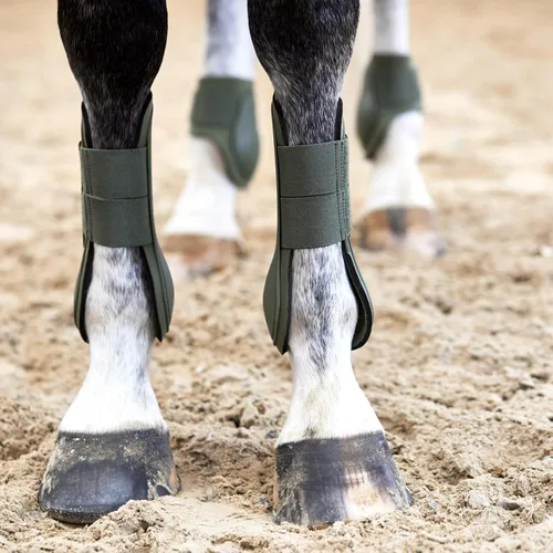 Vista 4 de HORZE Adepto - Botas de tendón frontal abierto, carcasa duradera con forro de neopreno, color verde caqui escarabajo, caballo