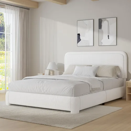 Vista 21 de BarnFurin Base de cama individual con cabecero, cama de plataforma tapizada Cloud Boucle, esquinas redondeadas suaves, no necesita somier, Beige