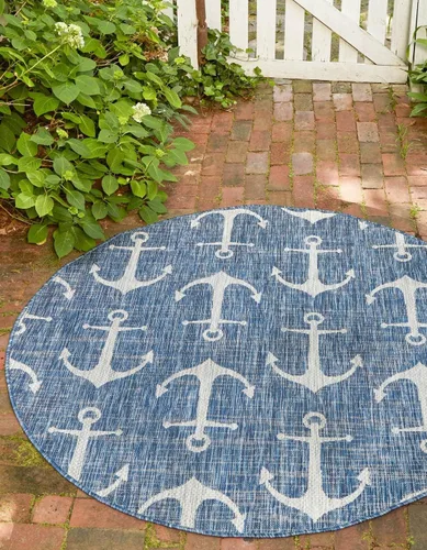Vista 21 de Unique Loom - Alfombra octagonal de la colección Outdoor Coastal, estilo Ahoy (5 pies 3 pulgadas, azul/marfil)