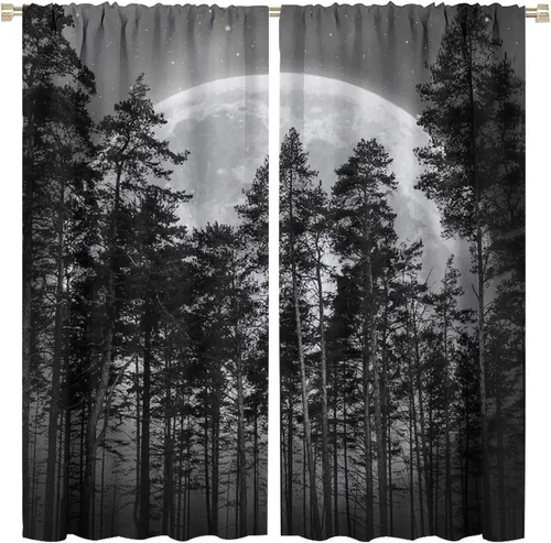 Cortinas góticas de luna y bosque, color negro oscuro, naturaleza, estrella, paisaje, bosque, niebla, paisaje, impreso, para ventana, sala de estar,