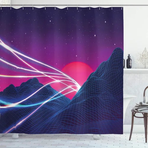 Ambesonne Synthwave Shower Curtain, Abstract Lines on Checkered Mountains and Cosmic Retro Sun Stars, Cloth Fabric Bathroom Decor Set with Hooks,