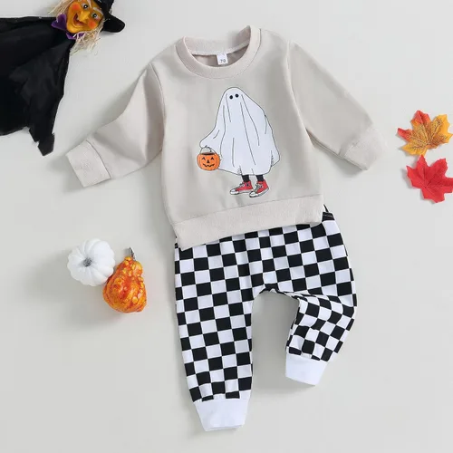 Vista 2 de Conjunto de sudadera de fantasma y pantalones de tablero de ajedrez para bebé de Halloween