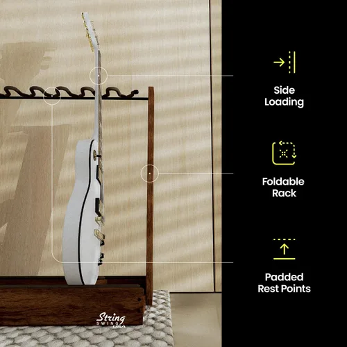 Vista 4 de Soporte de Guitarra String Swing, Soporte de Guitarra Múltiple para Guitarras Acústicas, Eléctricas y de Bajo, Acero Soldado a Mano y Nogal Negro