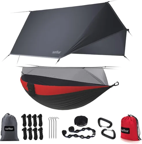Vista 7 de Sunyear Hamaca de Camping, Hamaca Portátil Individual y Doble con Red, Tienda de Hamaca para 2 Personas con 2 Correas de 3 metros, Ideal