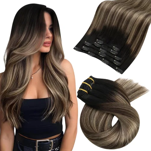 Vista 29 de Moresoo Extensiones de cabello humano con clip, balayage, color marrón oscuro a marrón dorado con clip, extensiones de cabello humano con clip, 5